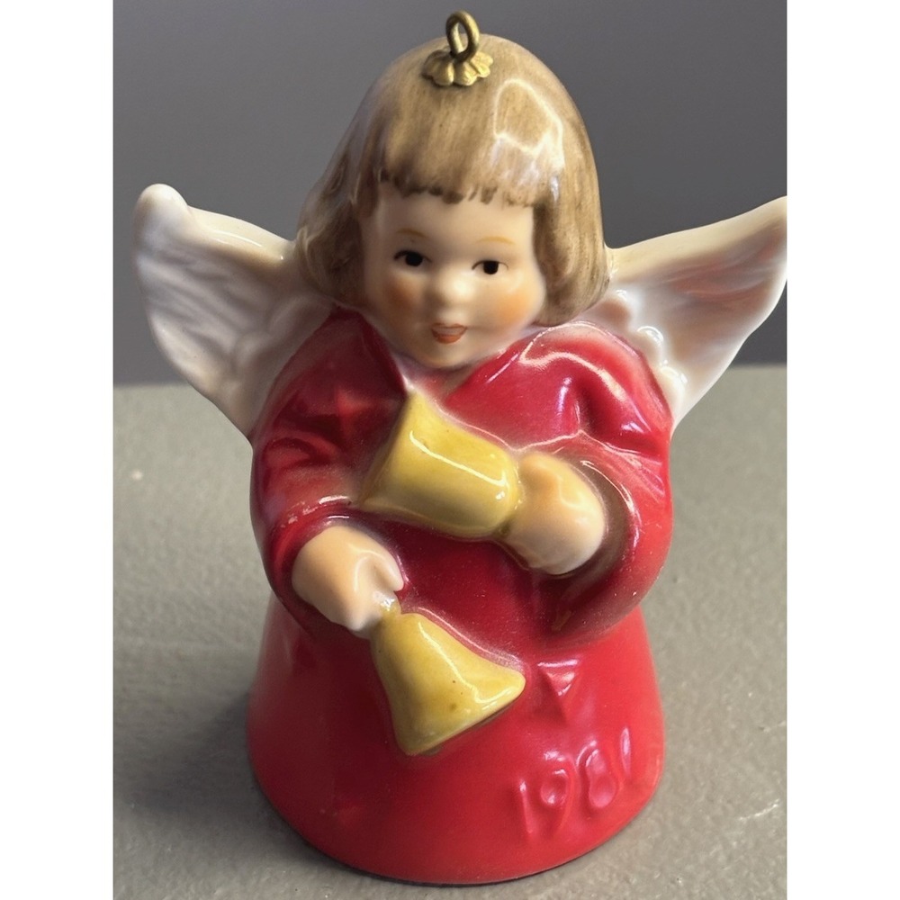 Vintage 1986 Goebel Angel Bell with Hand Bells Christmas Tree Ornament Red Dress